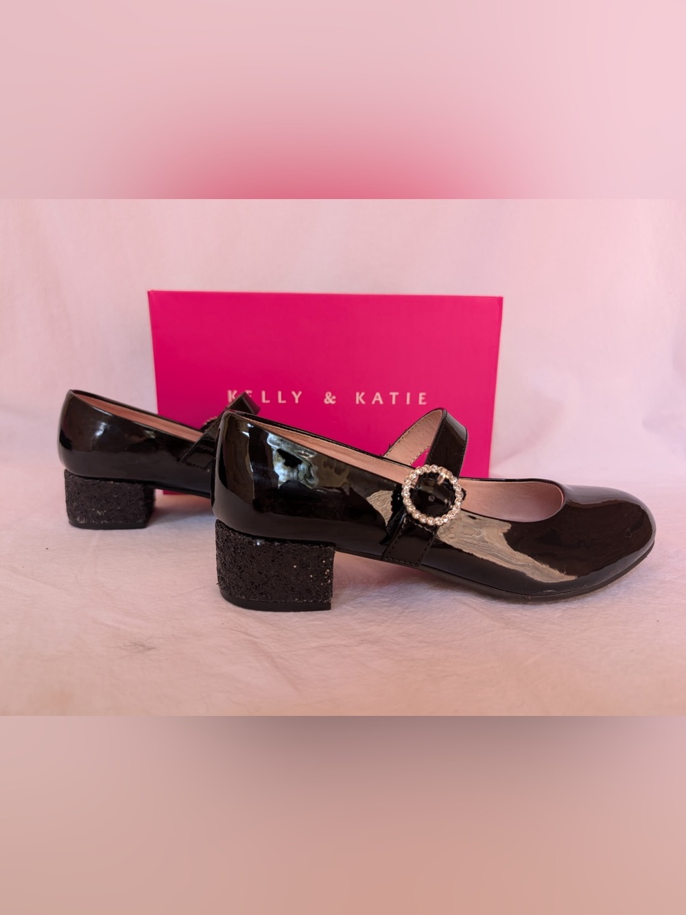 Kelly & Katie Black Patent Mary Jane Block Heel with Rhinestone Buckle